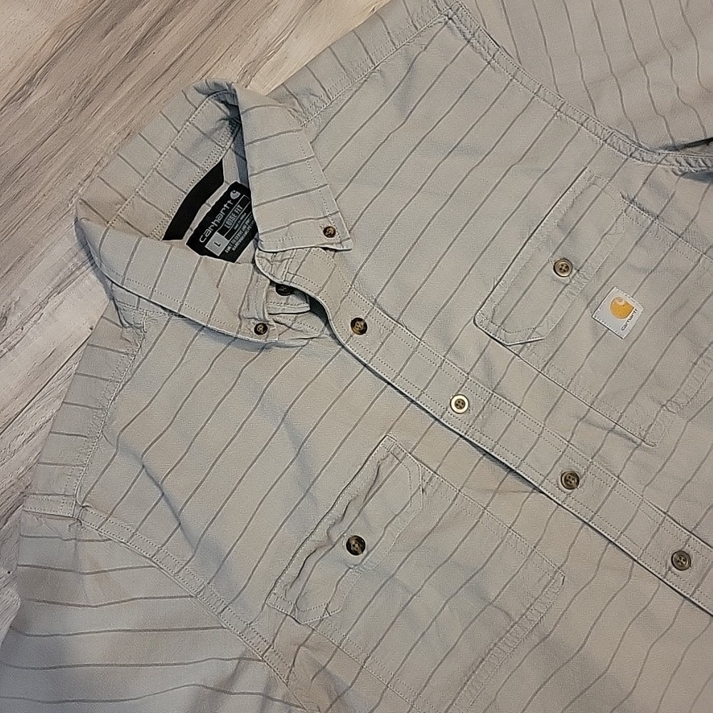Carhartt‎ Shirt Mens LG Button Down Gray Striped Button Down Short Sleeve Pocket